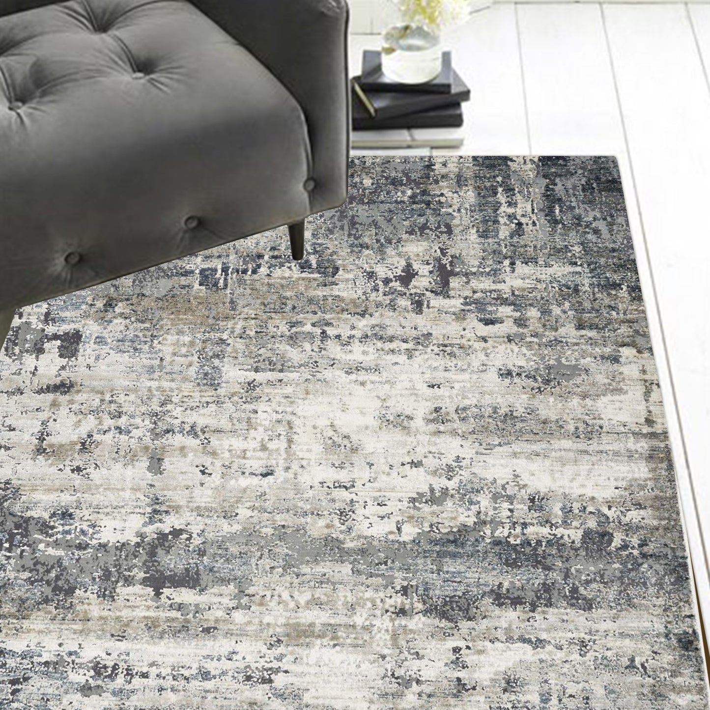 8' Ivory Teal Machine Woven Abstract Round Indoor Area Rug