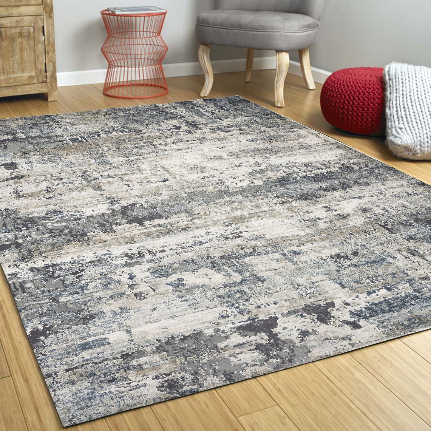 8' Ivory Teal Machine Woven Abstract Round Indoor Area Rug