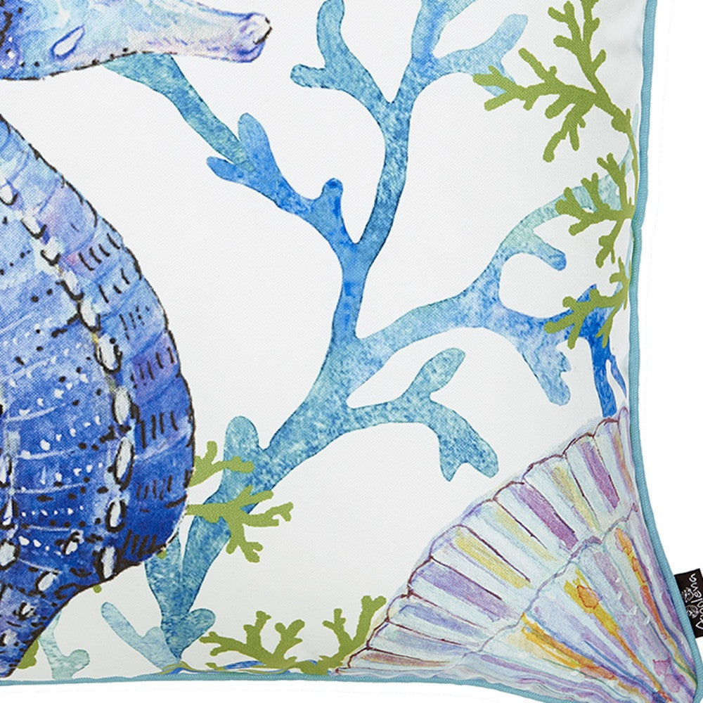 Square White Blue And Green Seahorse Decorative Throw Pillow Cover