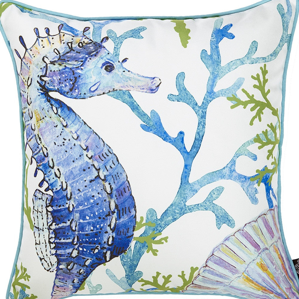 Square White Blue And Green Seahorse Decorative Throw Pillow Cover