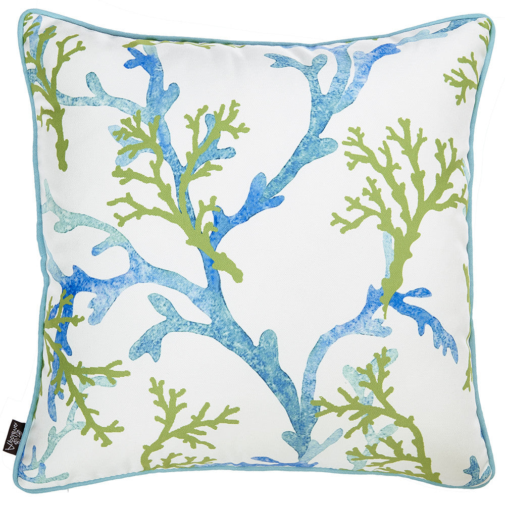 Square White Blue And Green Coral Decorative Throw Pillow Cover