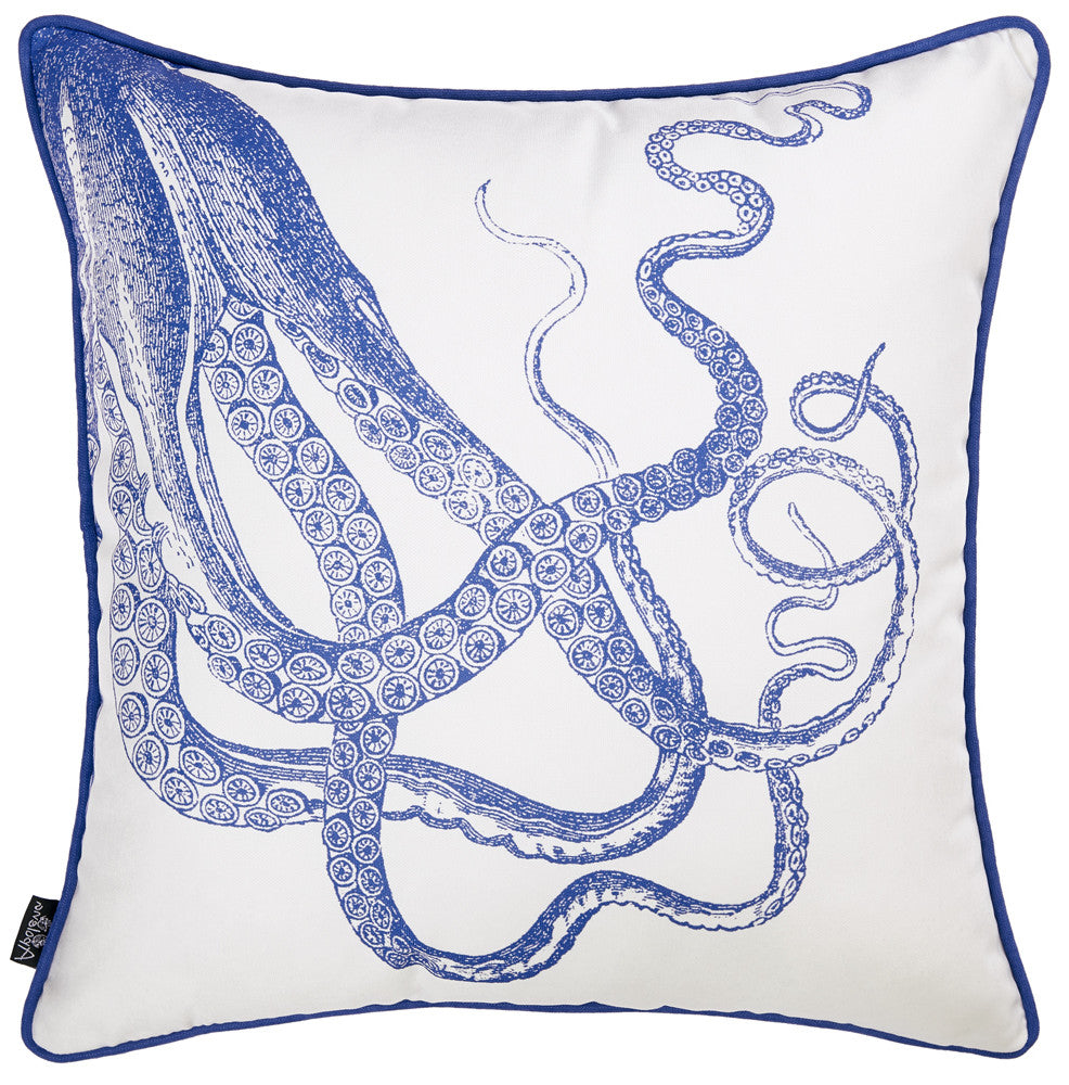 Square White And Blue Octopus Decorative Throw Pillow Cover