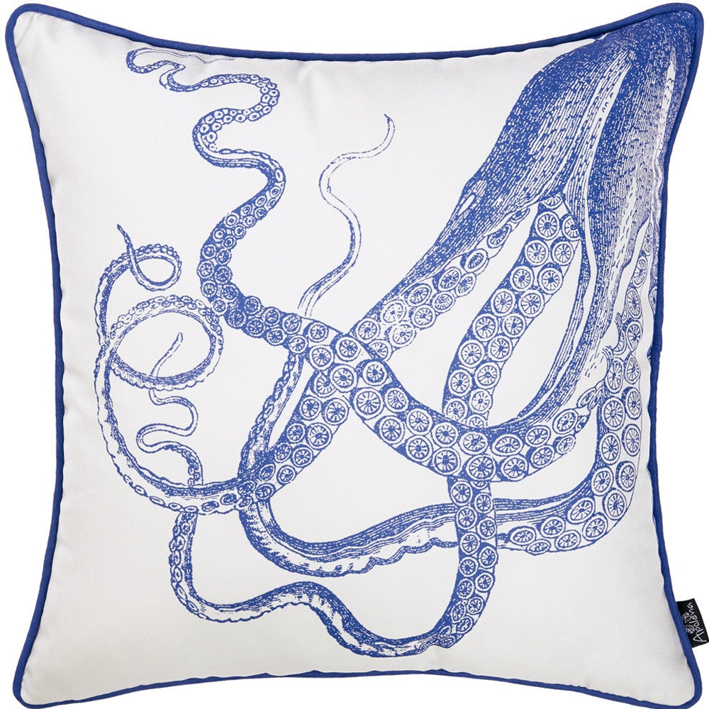 Square White And Blue Octopus Decorative Throw Pillow Cover