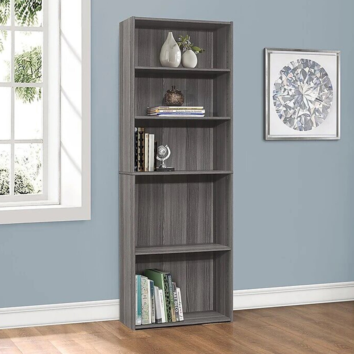71" Gray Adjustable Five Tier Standard Bookcase