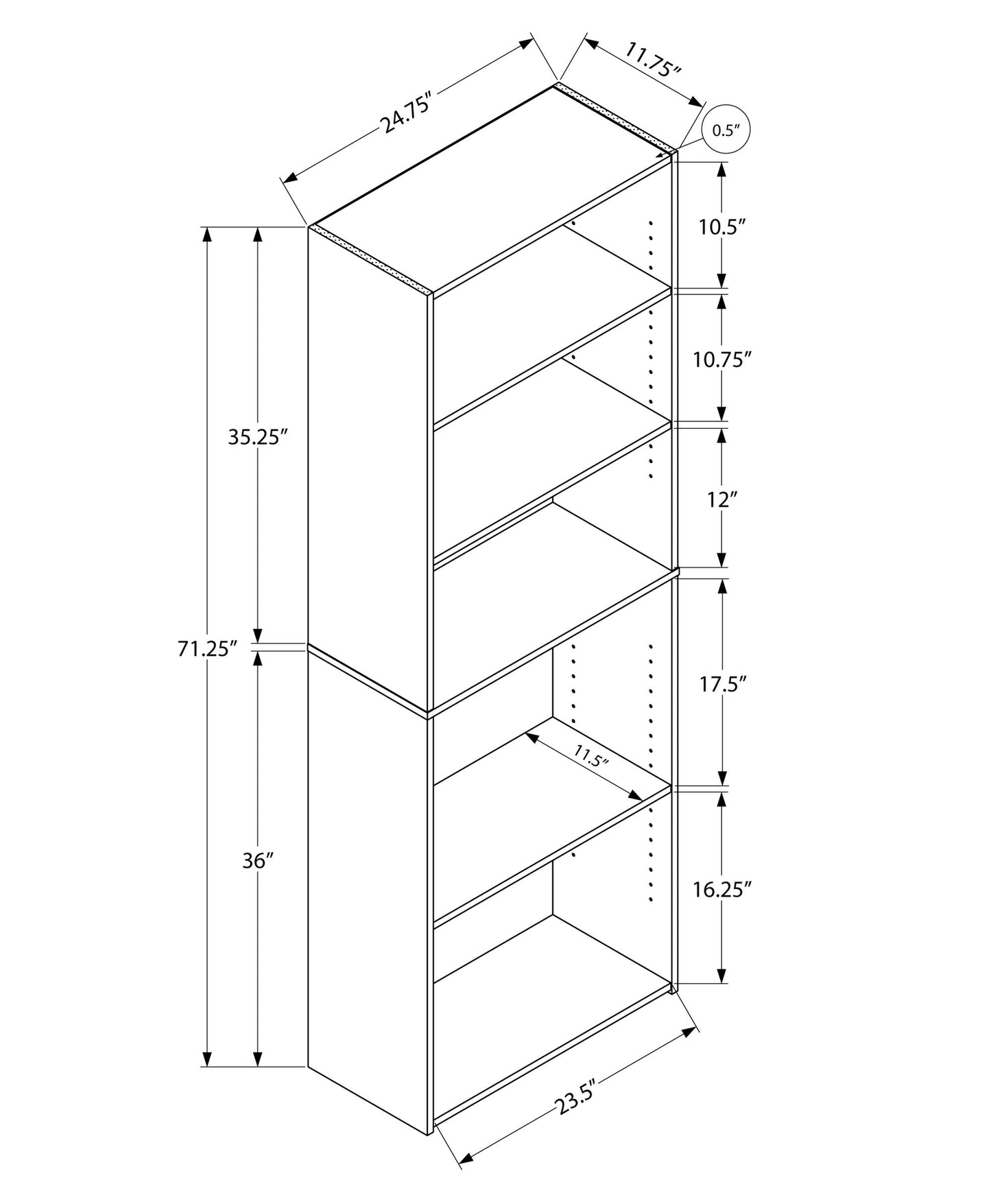 71" White Adjustable Five Tier Standard Bookcase