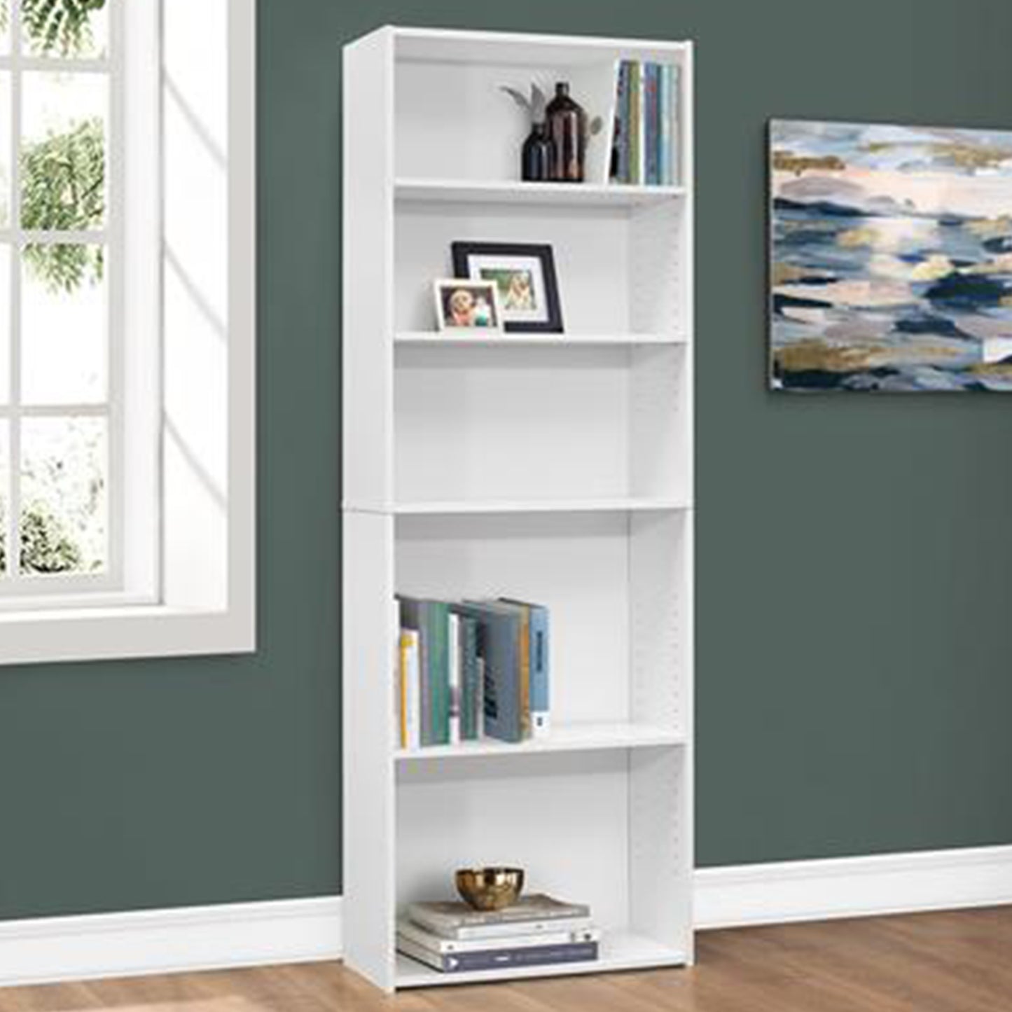 71" White Adjustable Five Tier Standard Bookcase