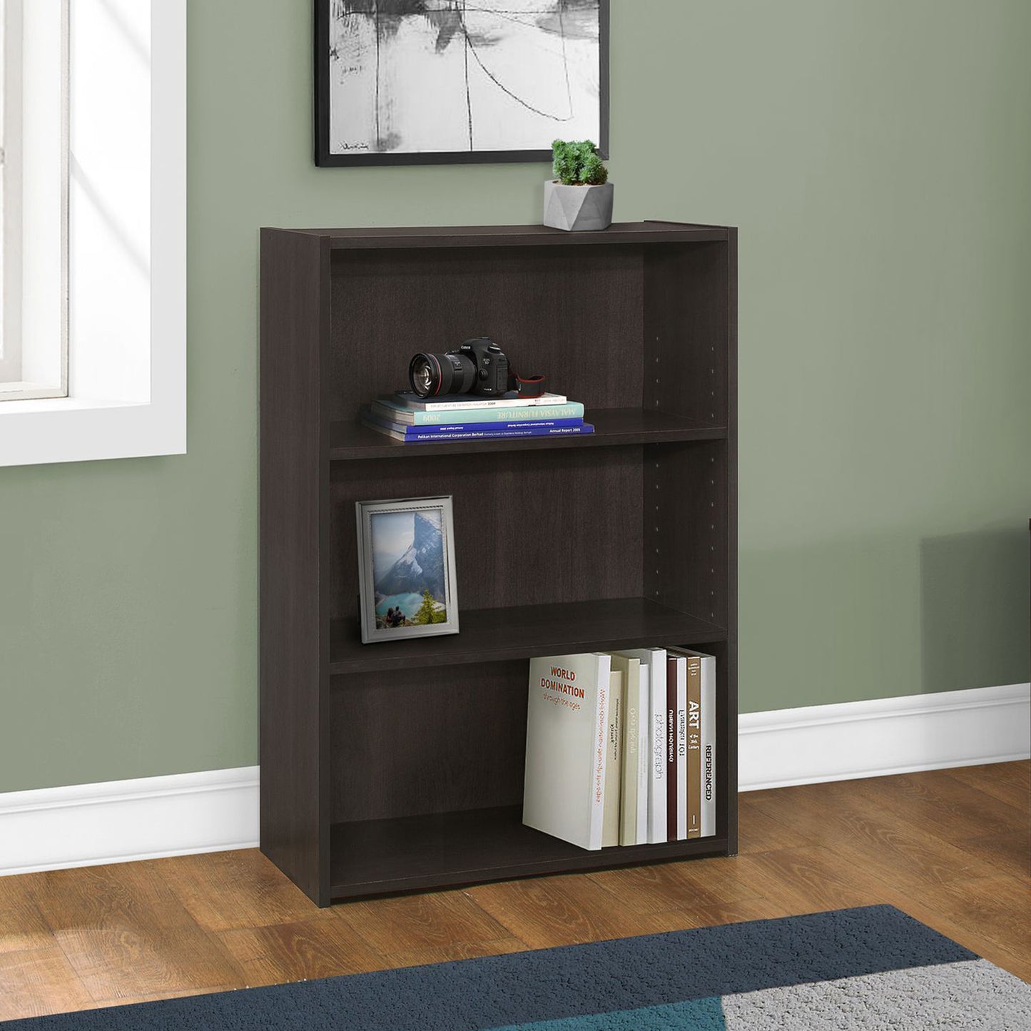 36" Brown Adjustable Three Tier Standard Bookcase