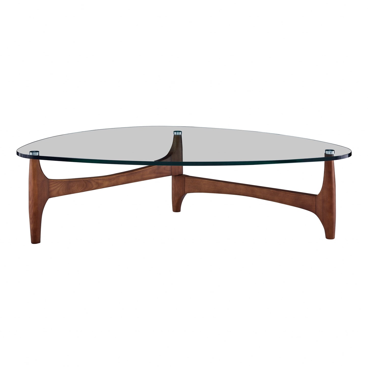 52" Clear And Brown Glass And Solid Wood Triangle Coffee Table