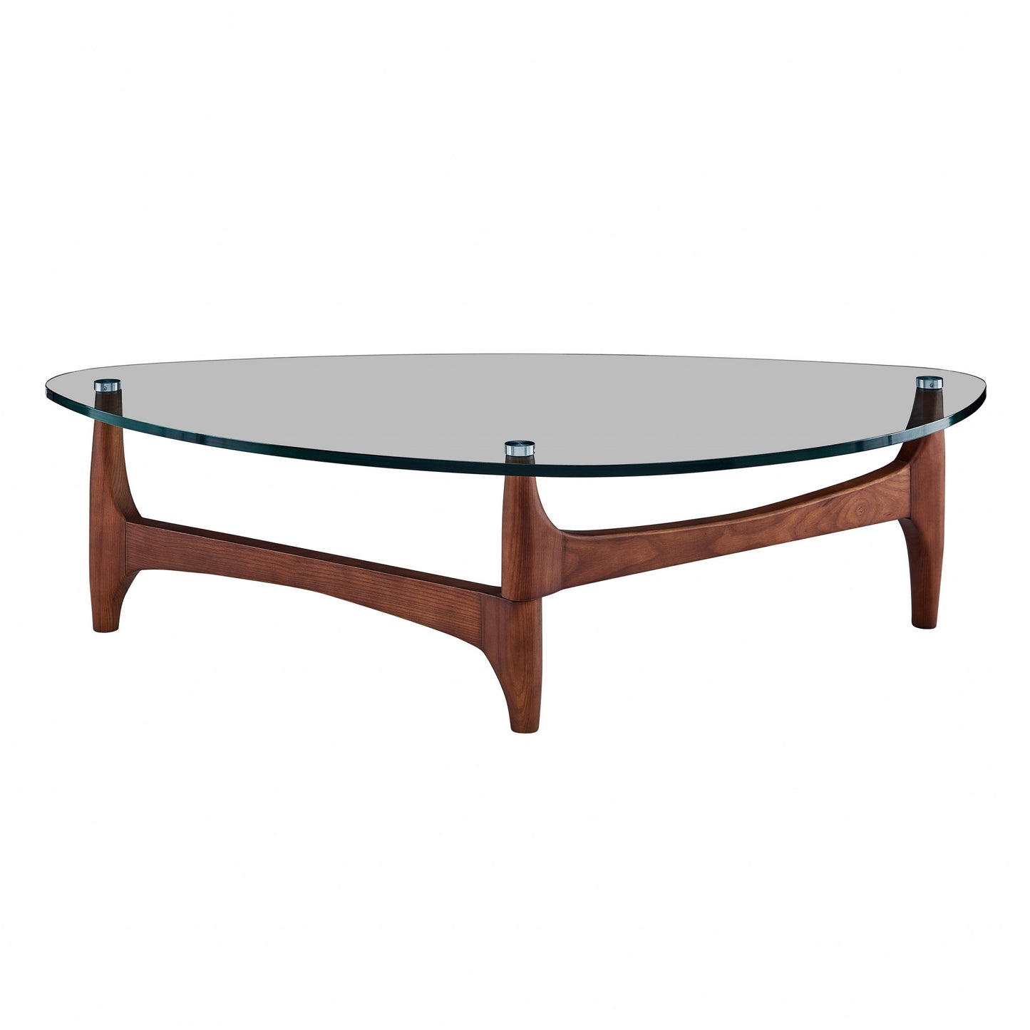 52" Clear And Brown Glass And Solid Wood Triangle Coffee Table
