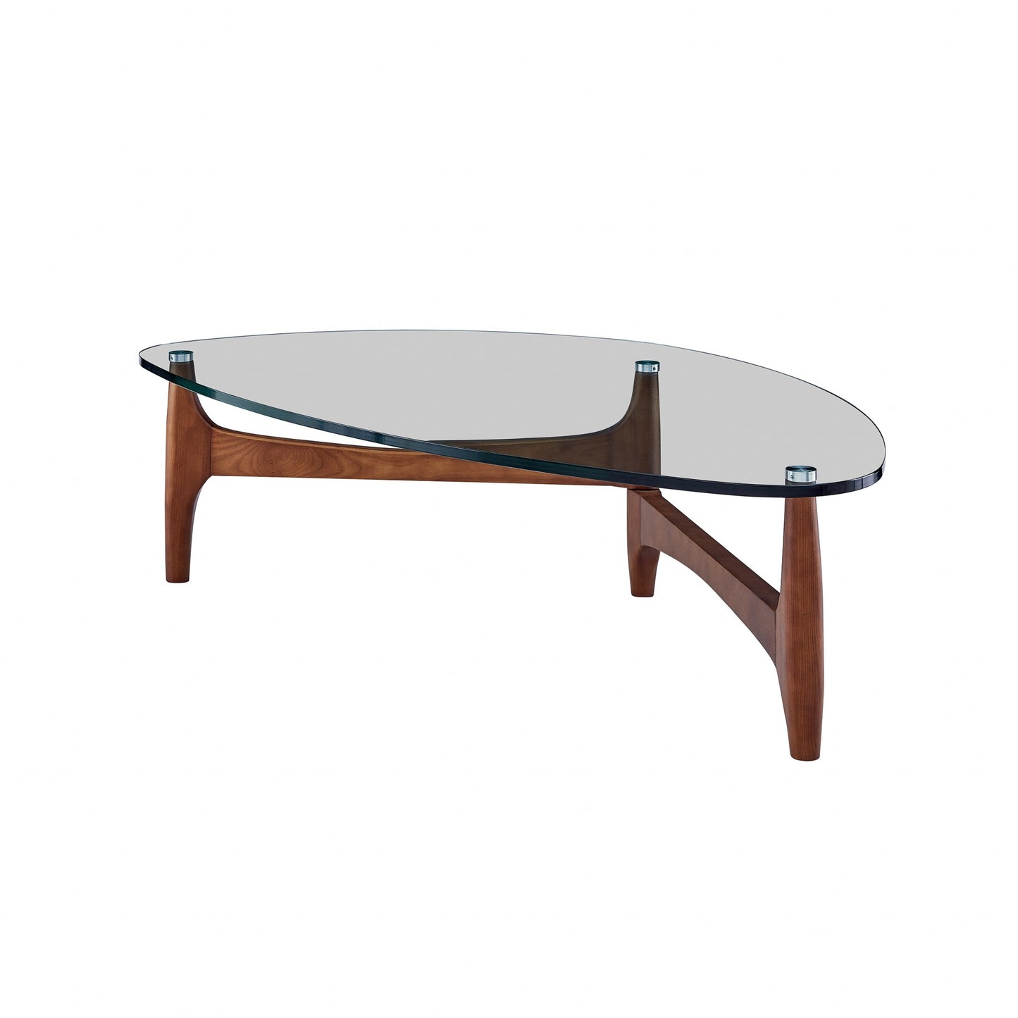 52" Clear And Brown Glass And Solid Wood Triangle Coffee Table