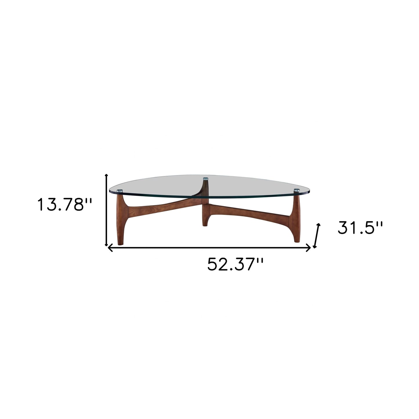 52" Clear And Brown Glass And Solid Wood Triangle Coffee Table