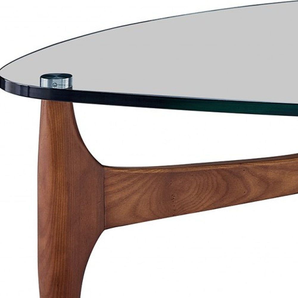 52" Clear And Brown Glass And Solid Wood Triangle Coffee Table