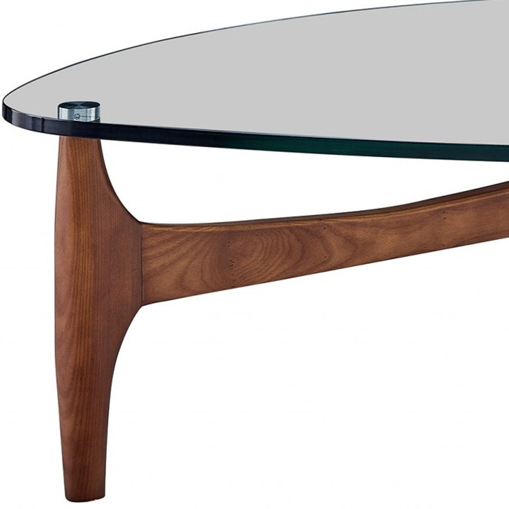 52" Clear And Brown Glass And Solid Wood Triangle Coffee Table