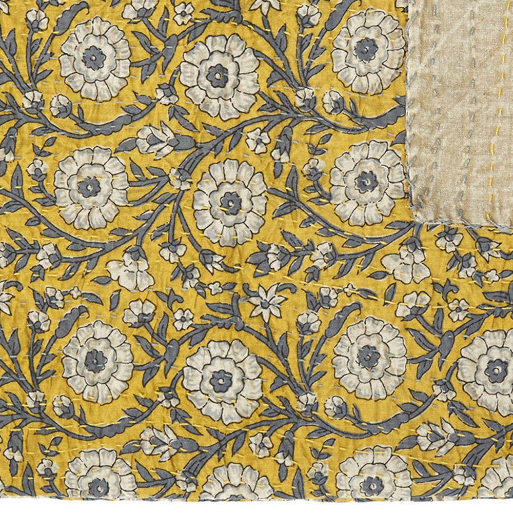 Purple and Yellow Kantha Cotton Floral Throw Blanket
