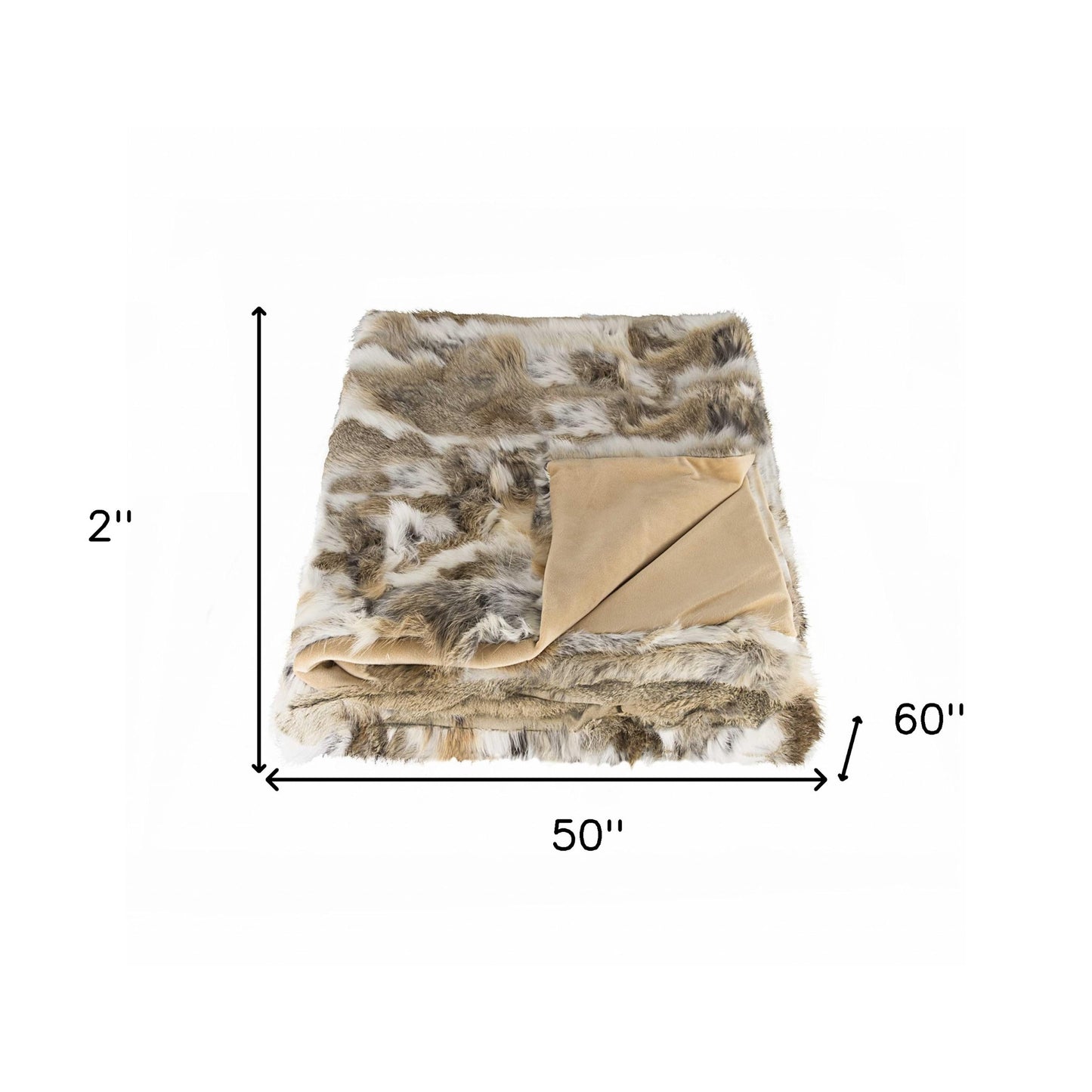 2" X 50" X 60" 100% Natural Rabbit Fur Tan And White Throw Blanket