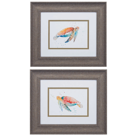 13" X 11" Distressed Wood Toned Frame Sea Turtle (Set Of 2)