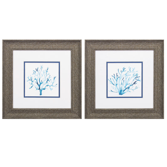13" X 13" Distressed Wood Toned Frame Azure Seafan (Set Of 2)