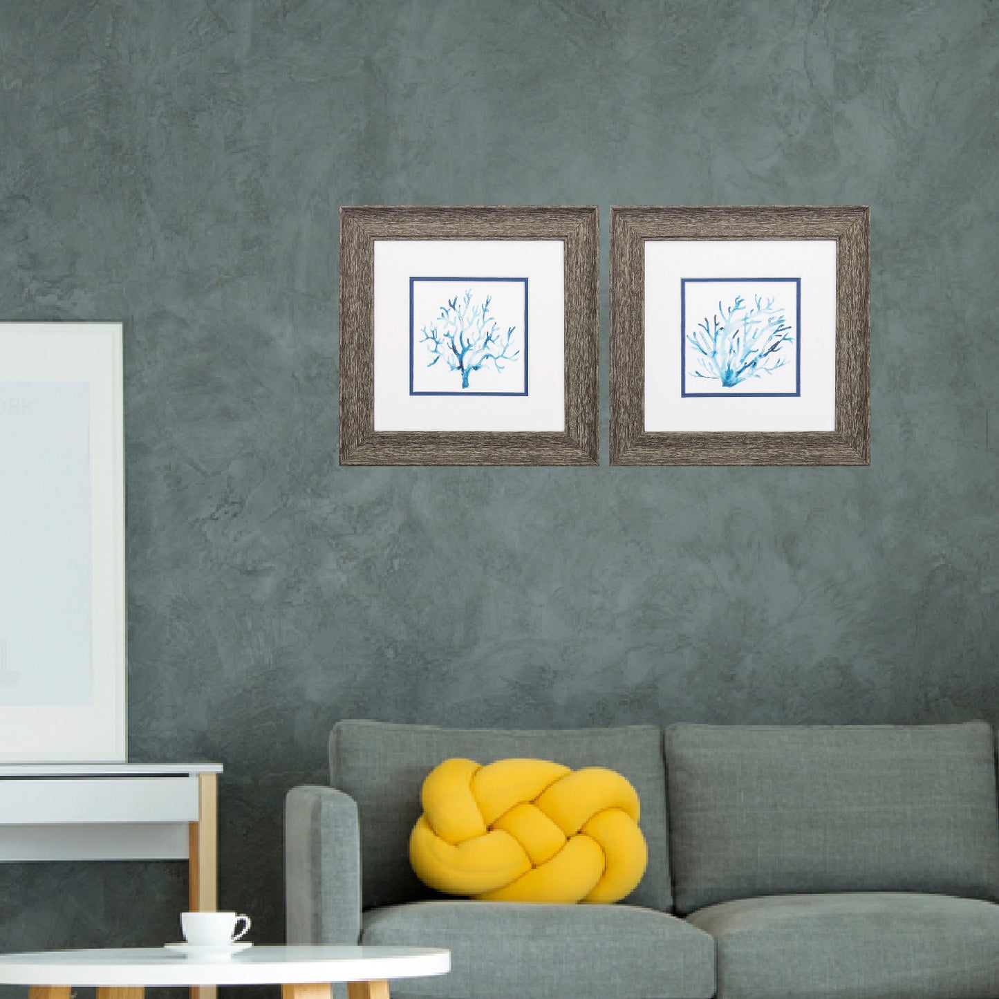 13" X 13" Distressed Wood Toned Frame Azure Seafan (Set Of 2)