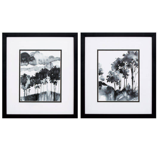 14" X 16" Silver Frame Ink Wash Trees (Set Of 2)