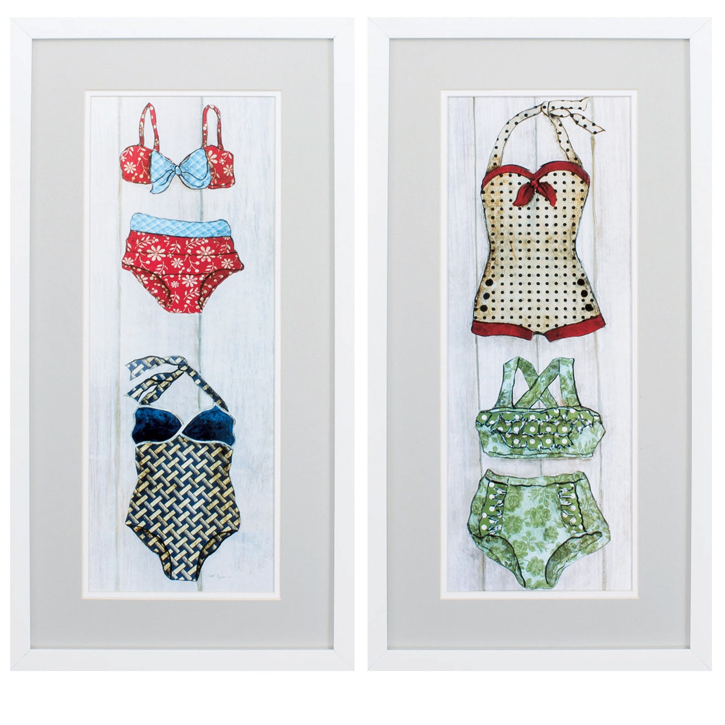 13" X 25" Matte White Frame Vintage Bathing Suit (Set Of 2)