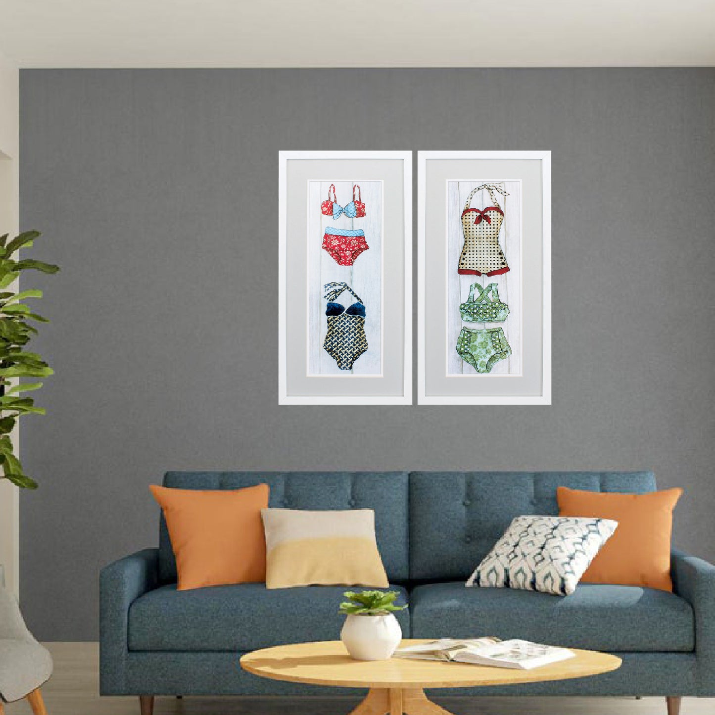 13" X 25" Matte White Frame Vintage Bathing Suit (Set Of 2)