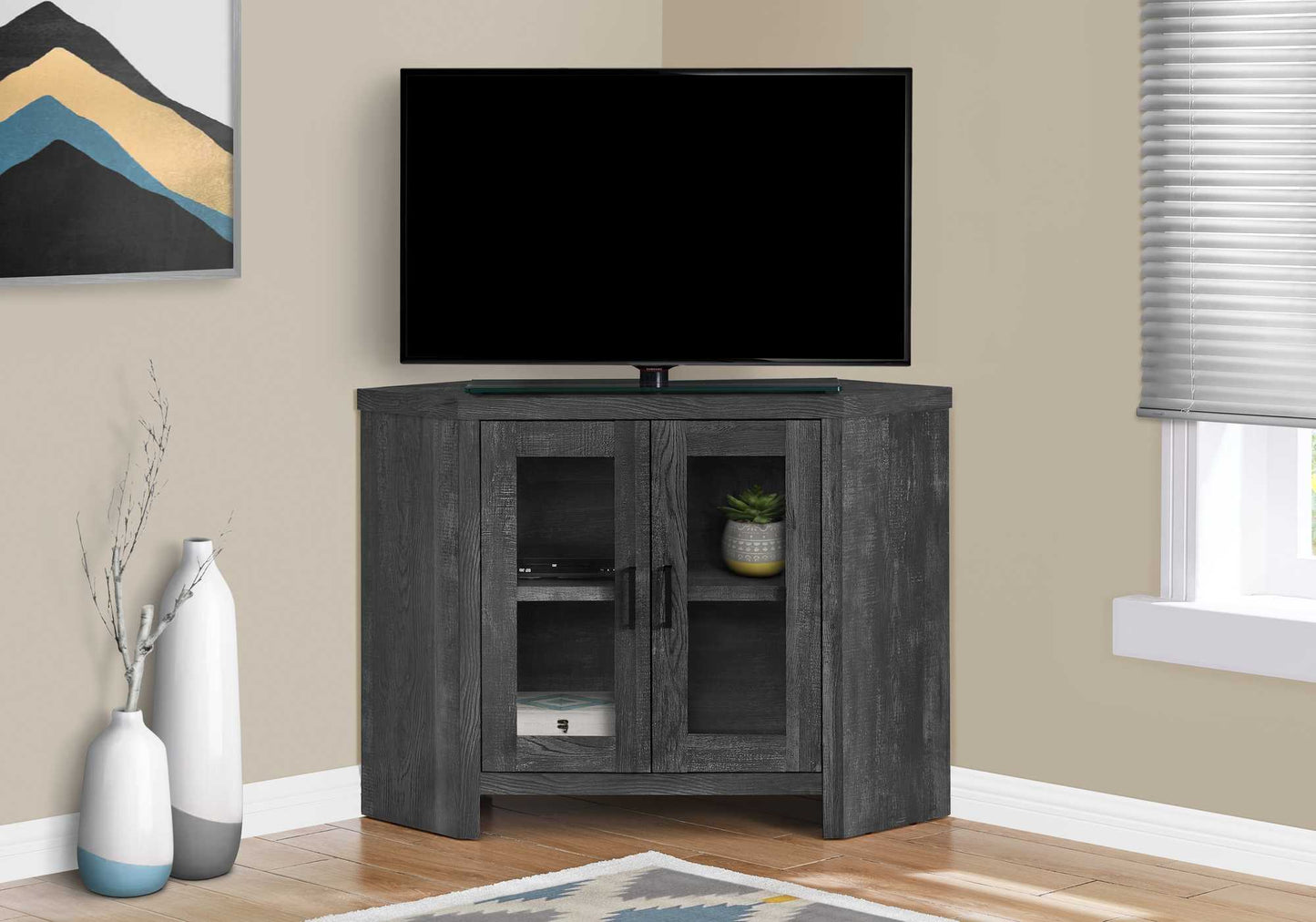 42" X 15.5" X 30" Black Reclaimed Wood-Look Corner TV Stand