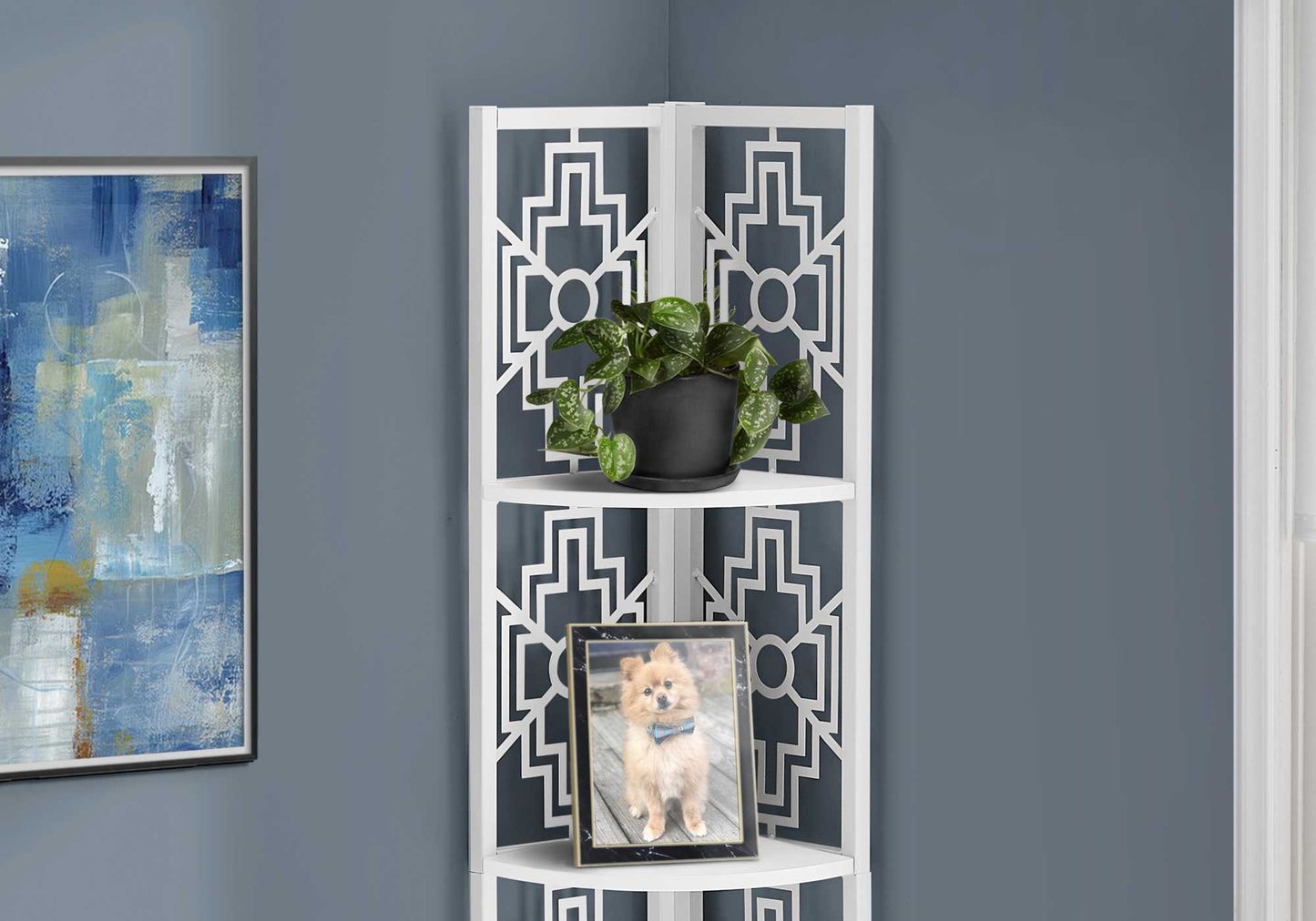 62" White Metal Four Tier Corner Bookcase