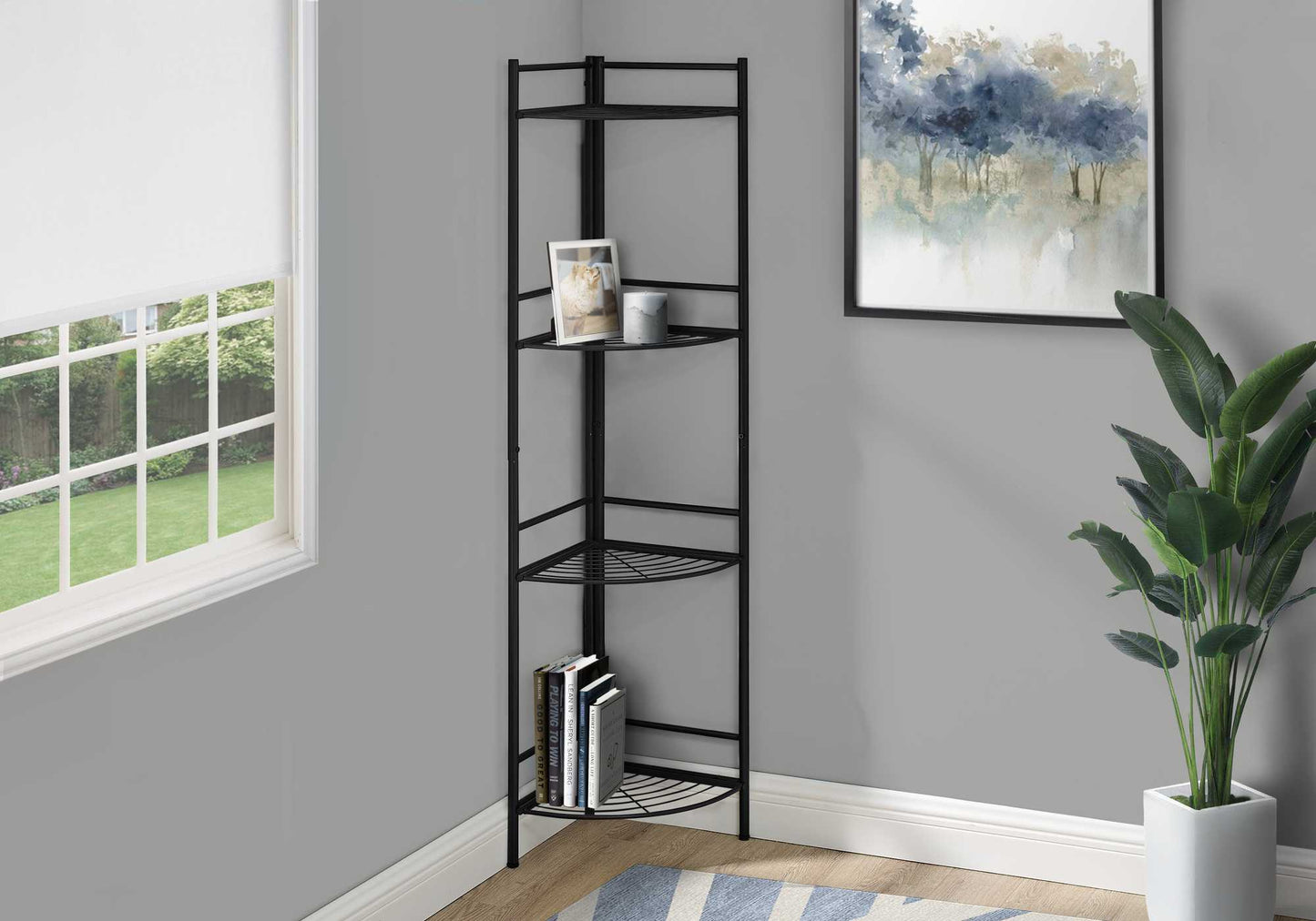 58" Black Metal Four Tier Corner Bookcase