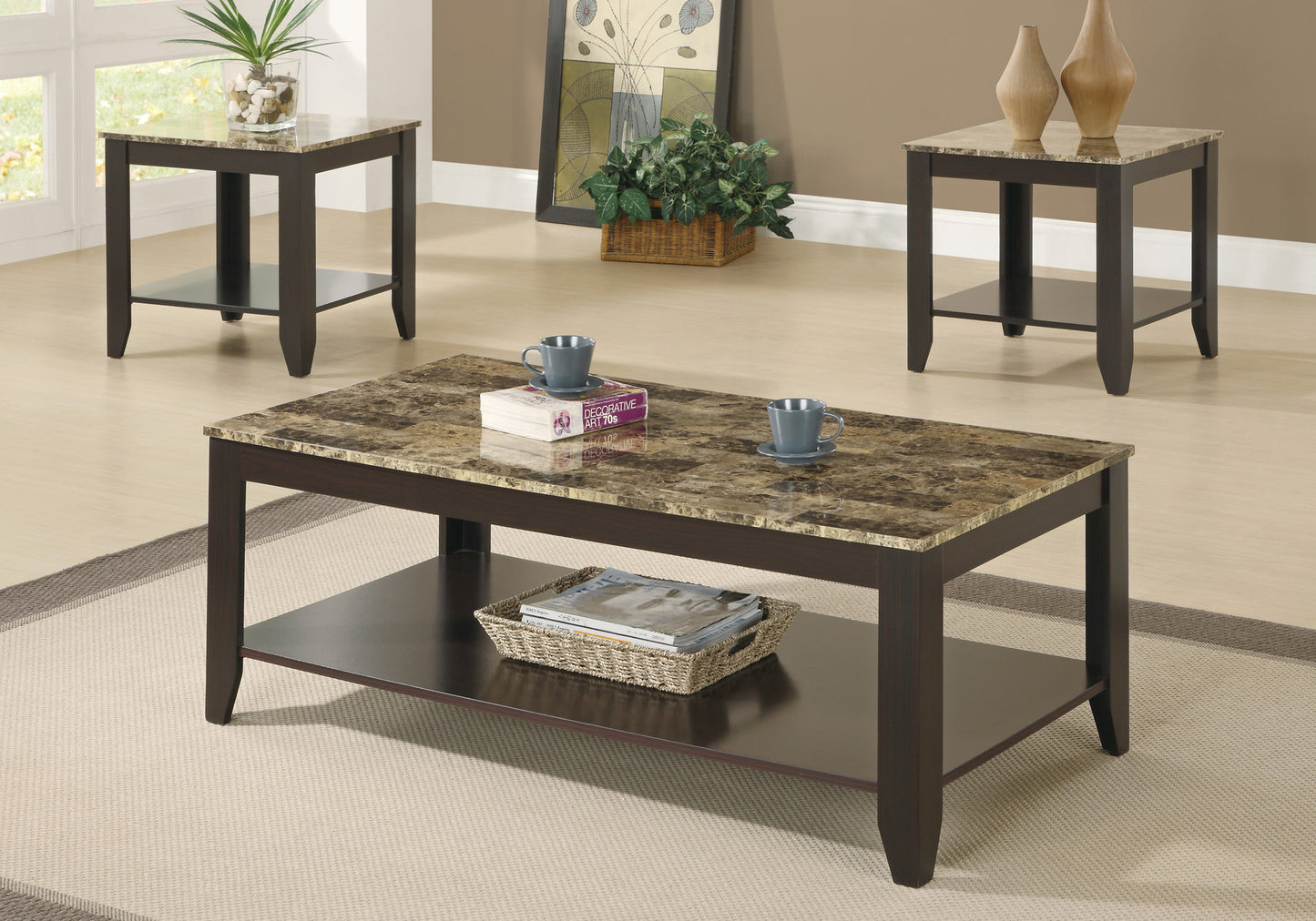 Cappuccino Marble Look Top Table Set 3Pcs Set