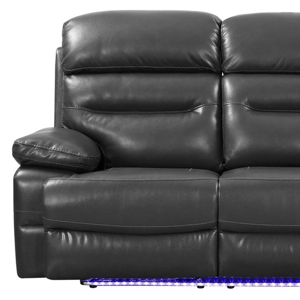 89" Gray And Black Faux Leather Reclining USB Sofa