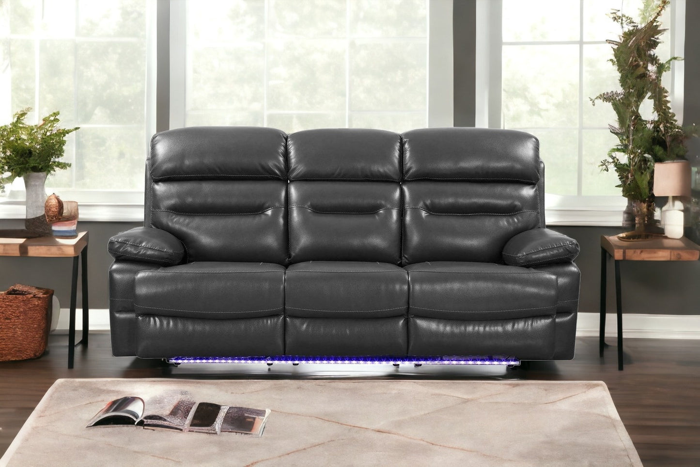 89" Gray And Black Faux Leather Reclining USB Sofa