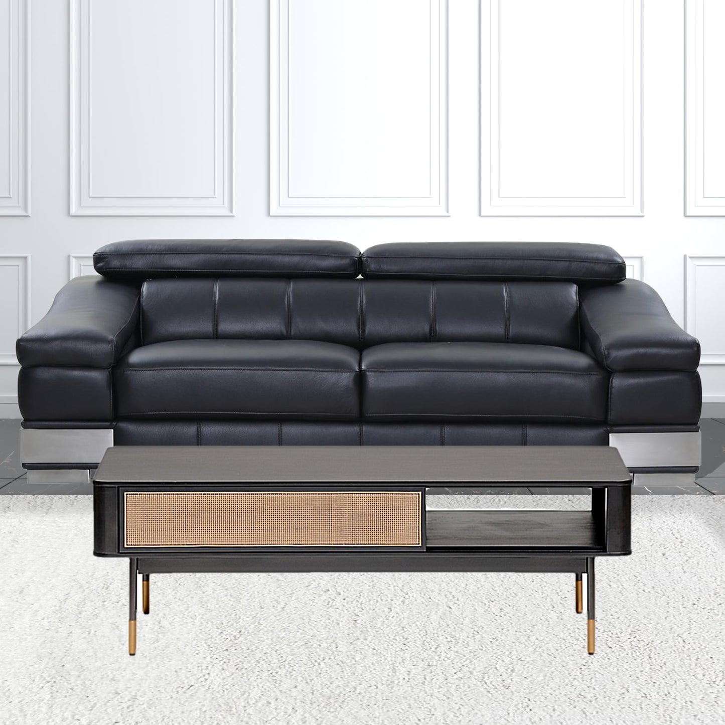 47" Black and Brown Solid Wood Coffee Table with Drawer and Shelf