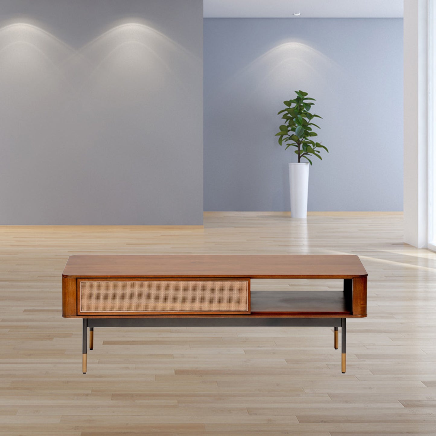 47" Brown And Black Metal Coffee Table With Shelf