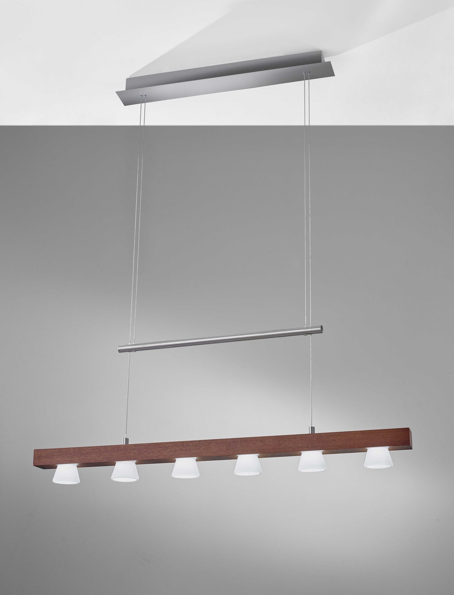 36" X 11" X 38-69" Walnut Wood Led 6 Light Adjustable Pendant