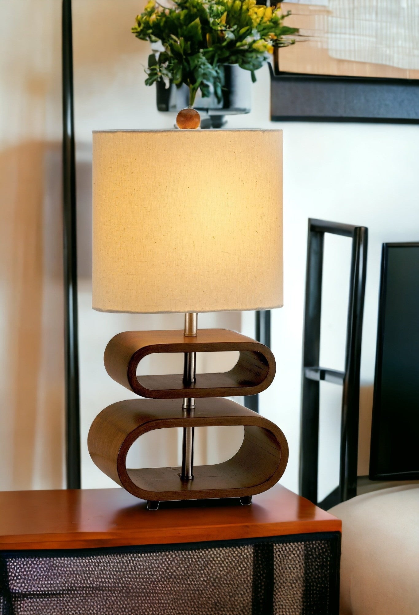 19" Brown Bedside Table Lamp With Natural Cylinder Shade