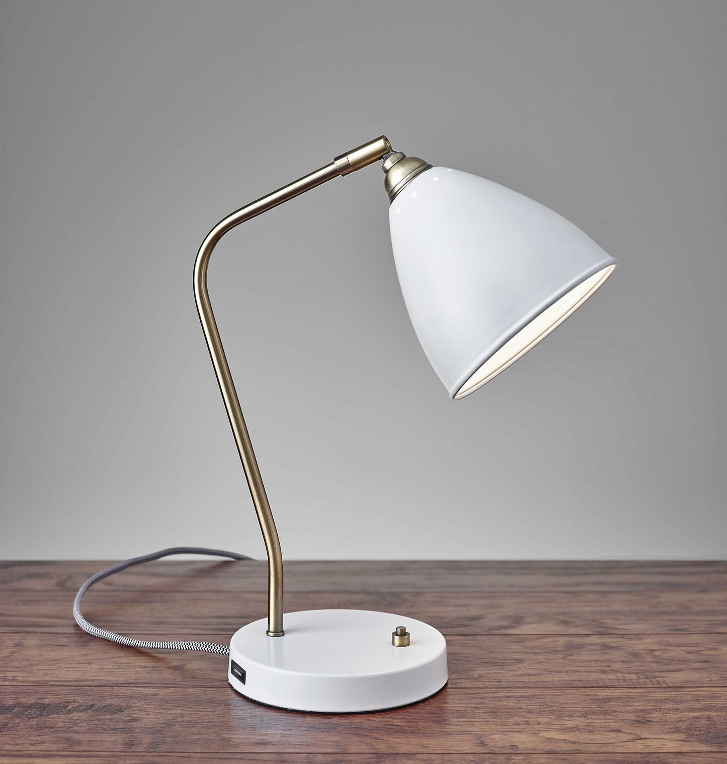 White Metal And Antique Brass Adjustable Usb Port Desk Lamp