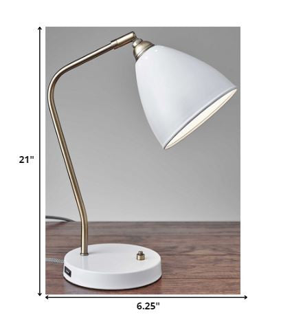 White Metal And Antique Brass Adjustable Usb Port Desk Lamp