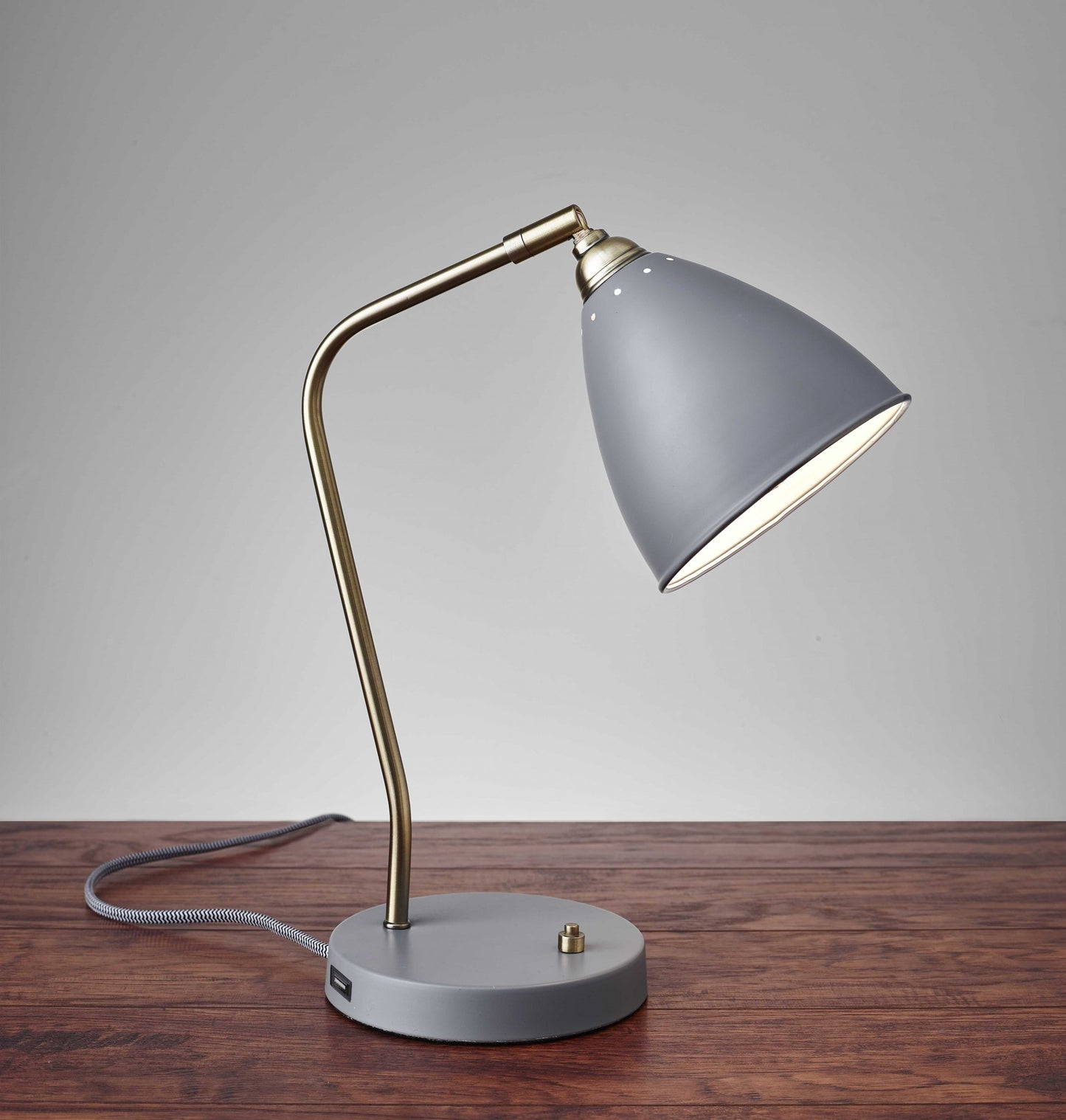White Metal And Antique Brass Adjustable Usb Port Desk Lamp