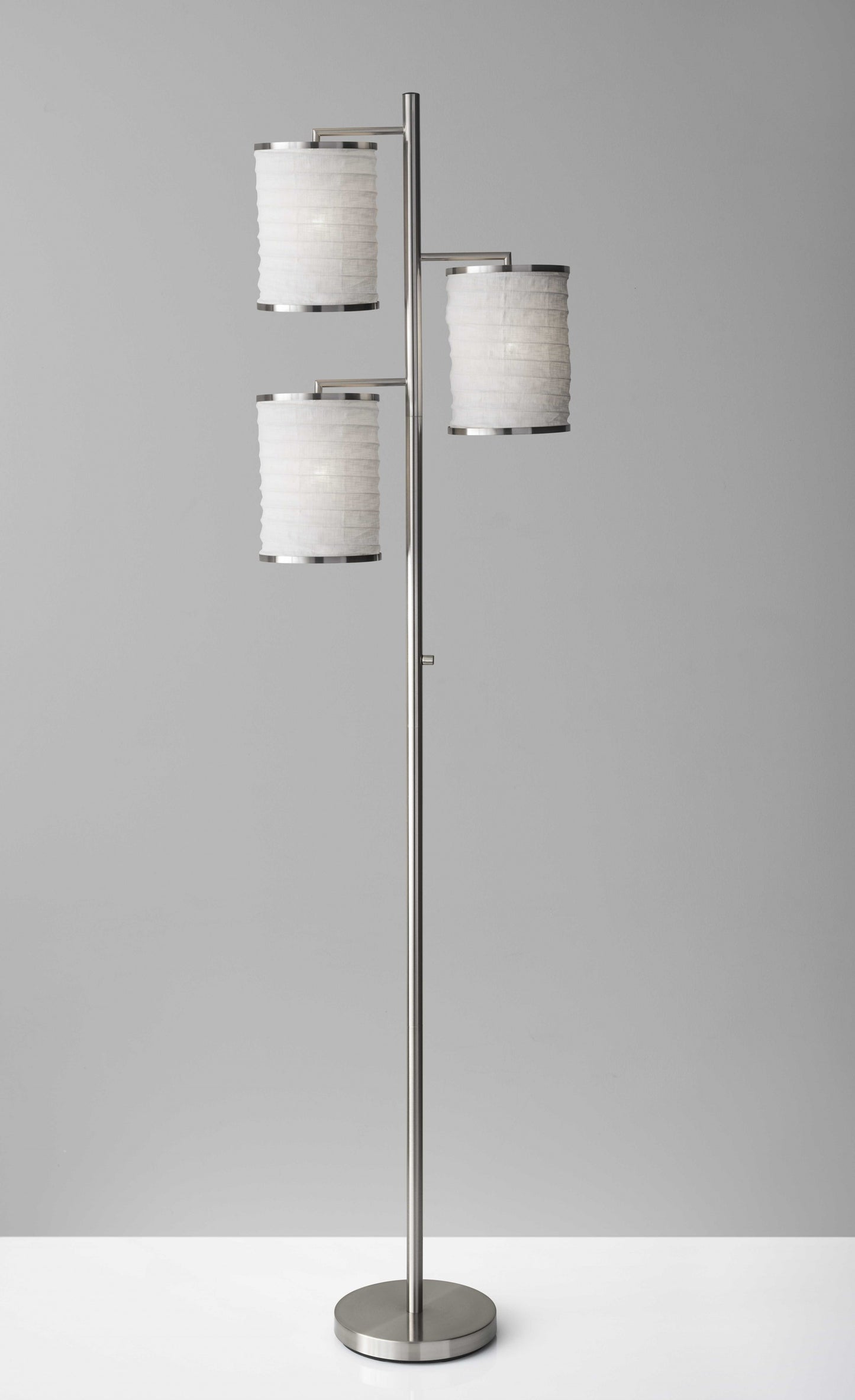 74" Steel Three Light Tree Floor Lamp With Off White Solid Color Drum Shade