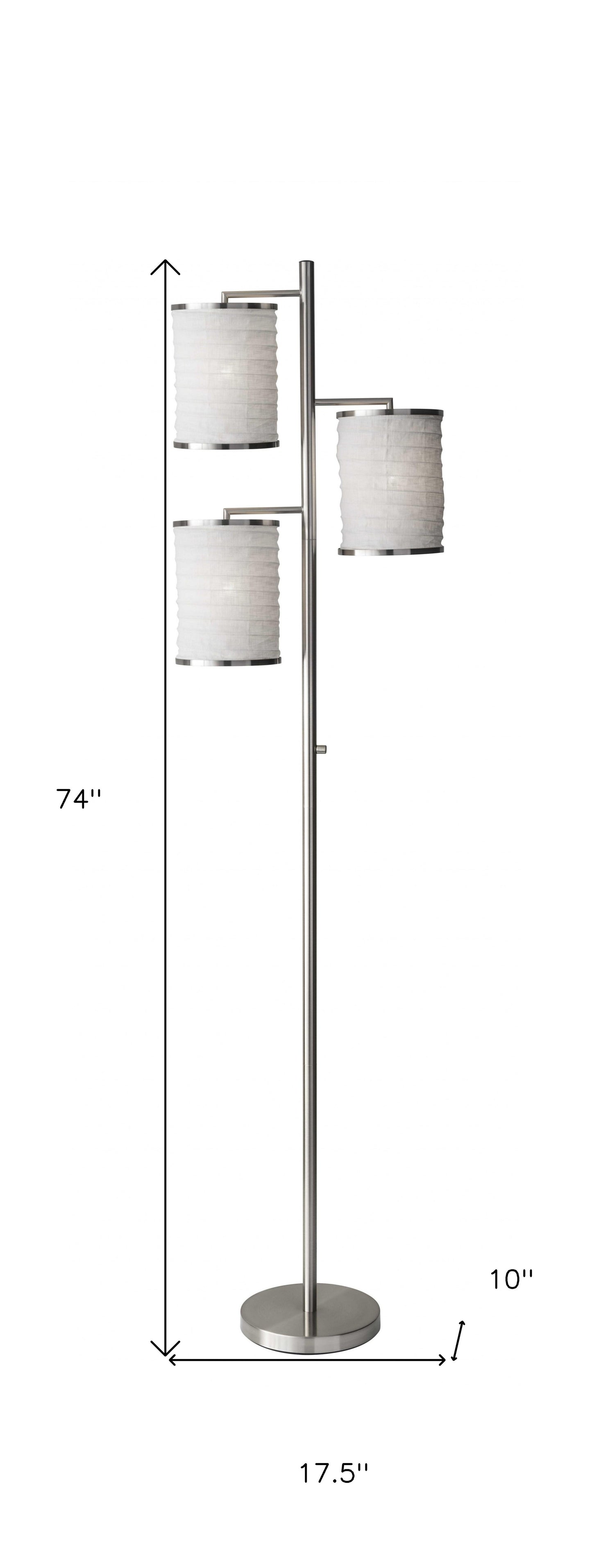 74" Steel Three Light Tree Floor Lamp With Off White Solid Color Drum Shade