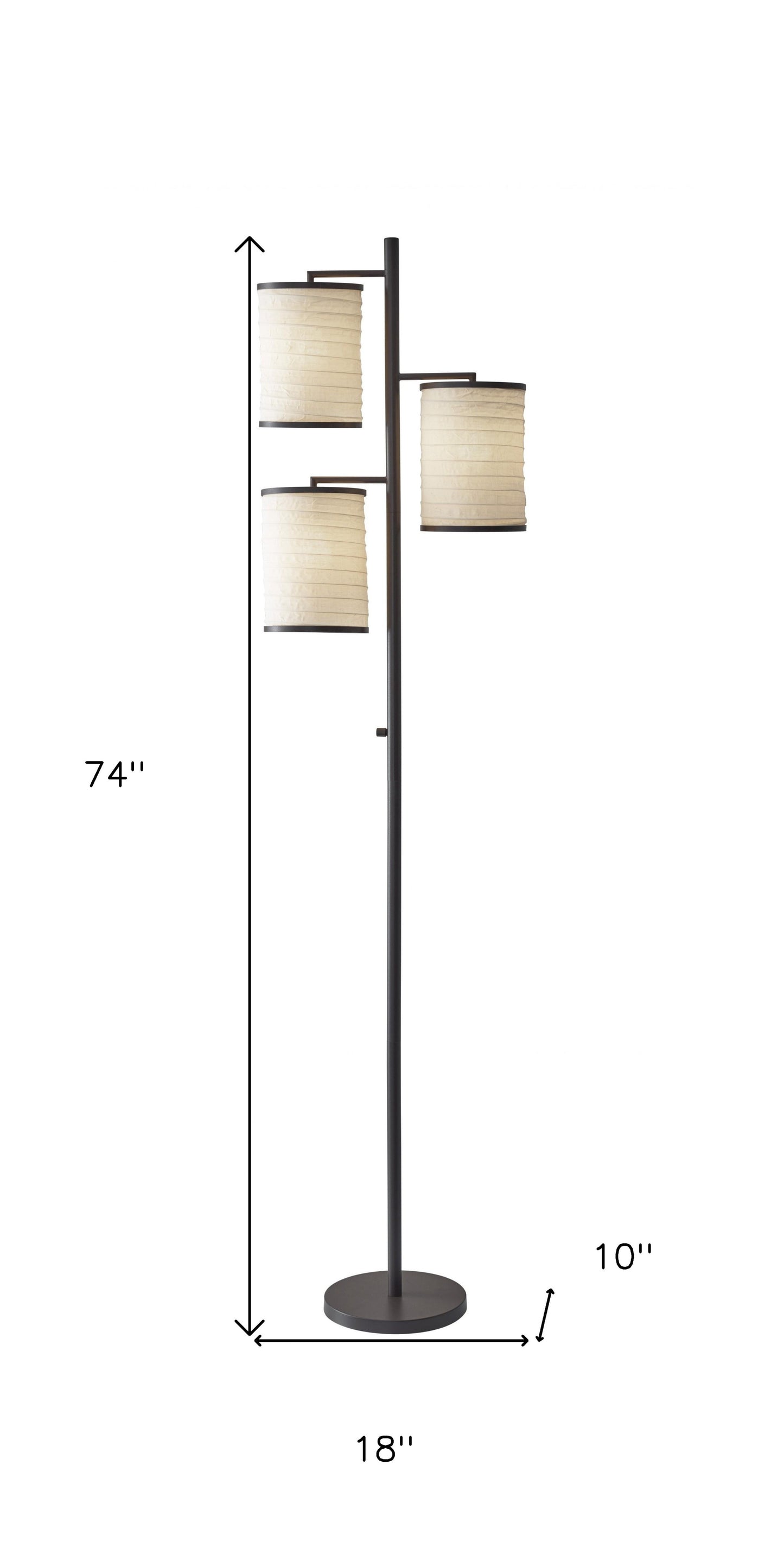 74" Steel Three Light Tree Floor Lamp With Off White Solid Color Drum Shade