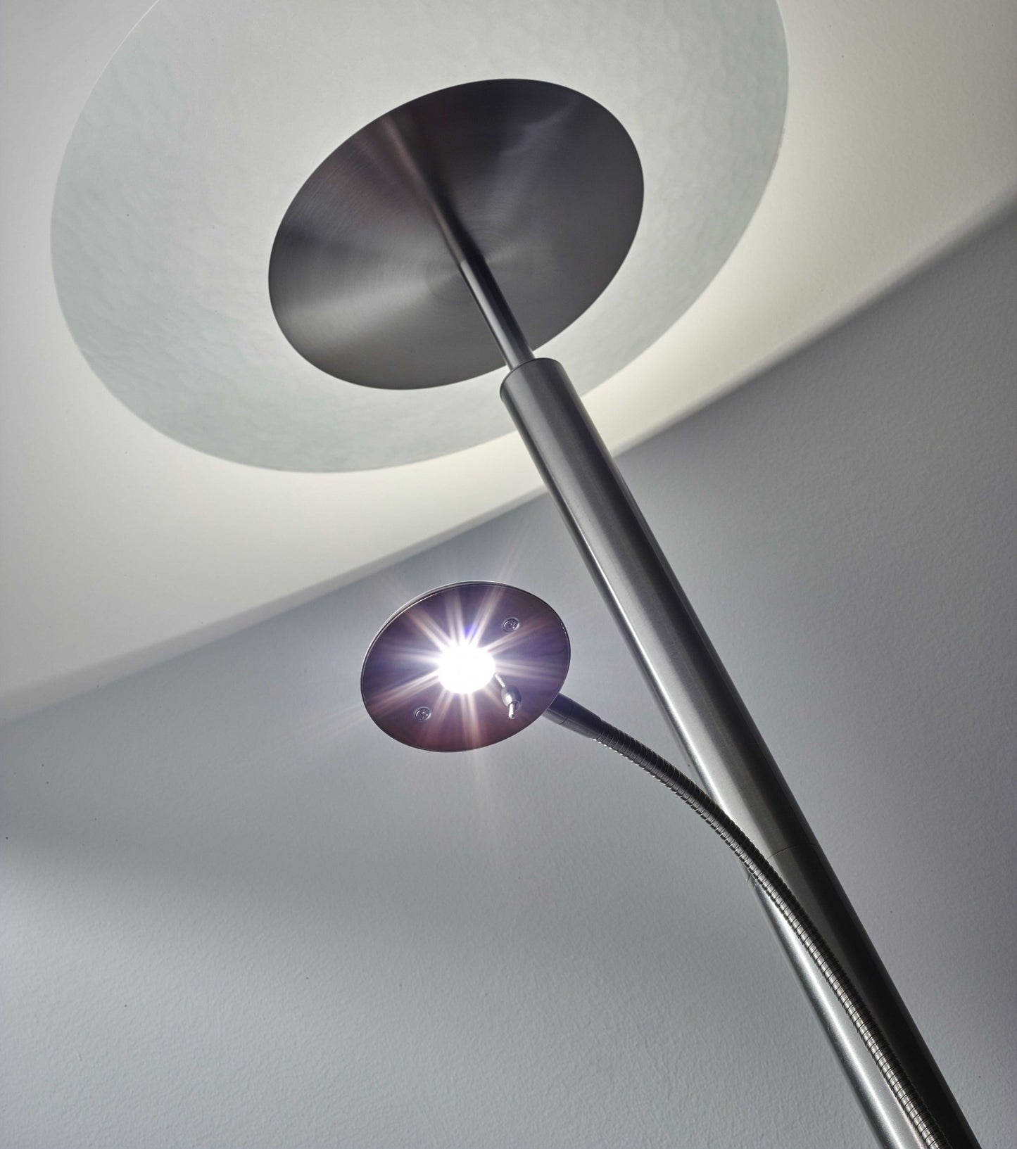 72" Steel Two Light Led Torchiere Floor Lamp With White Solid Color Cone Shade