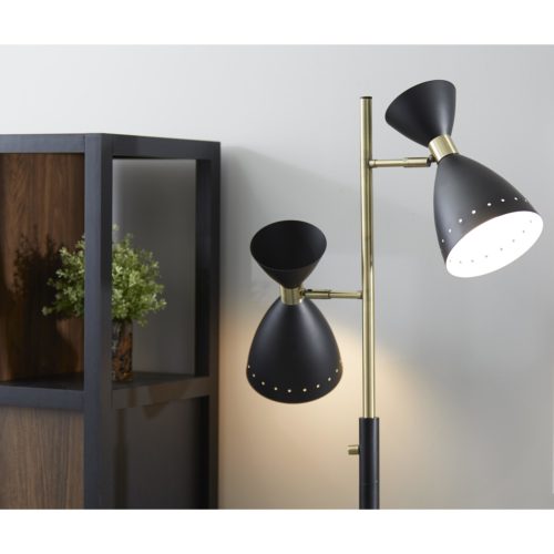 Two Light Brass Cinch Floor Lamp In Black Metal
