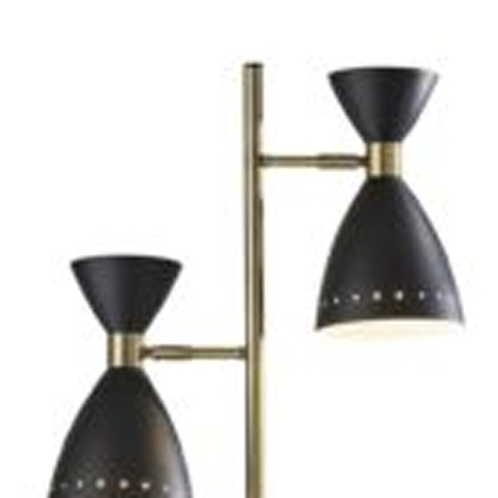 Two Light Brass Cinch Floor Lamp In Black Metal