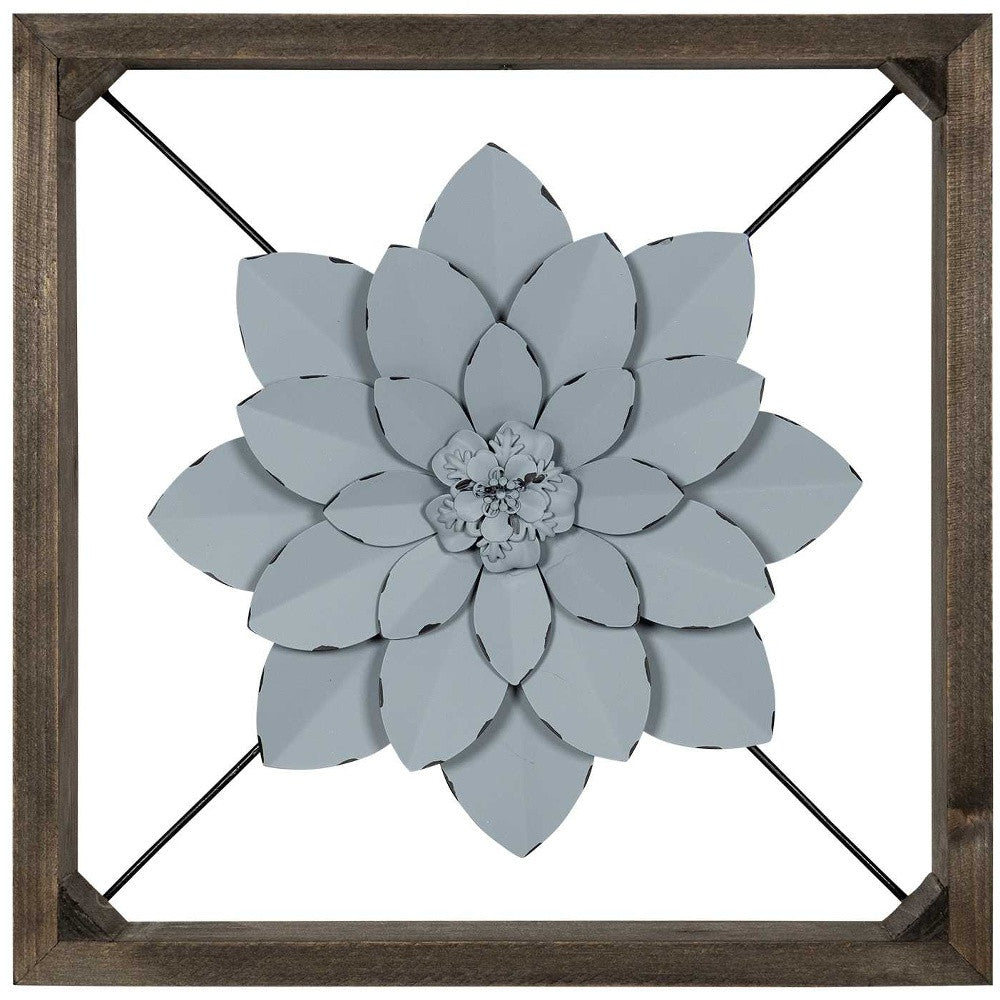 Pale Blue Metal Flower In Walnut Finish Frame