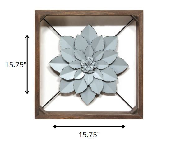 Pale Blue Metal Flower In Walnut Finish Frame