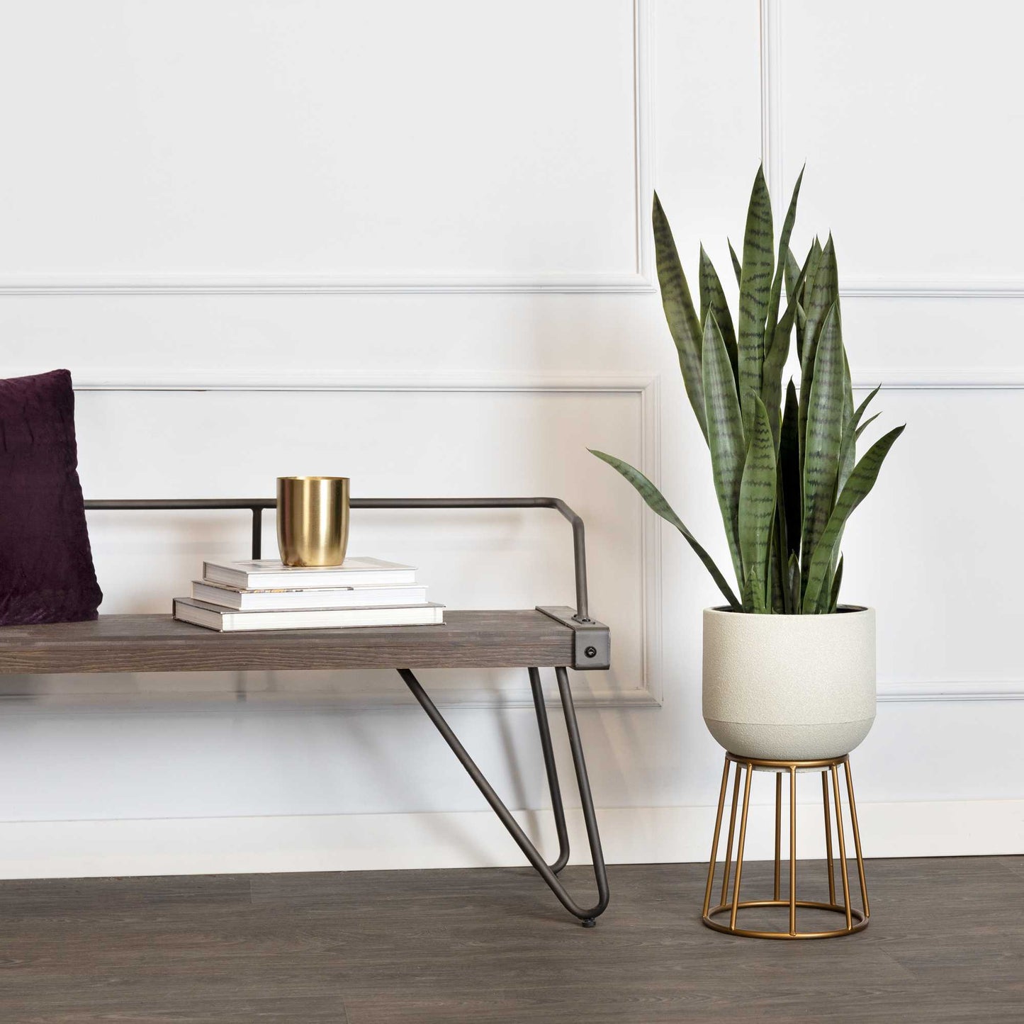 Faux Cement And Golden Metal Decorative Plant Stand