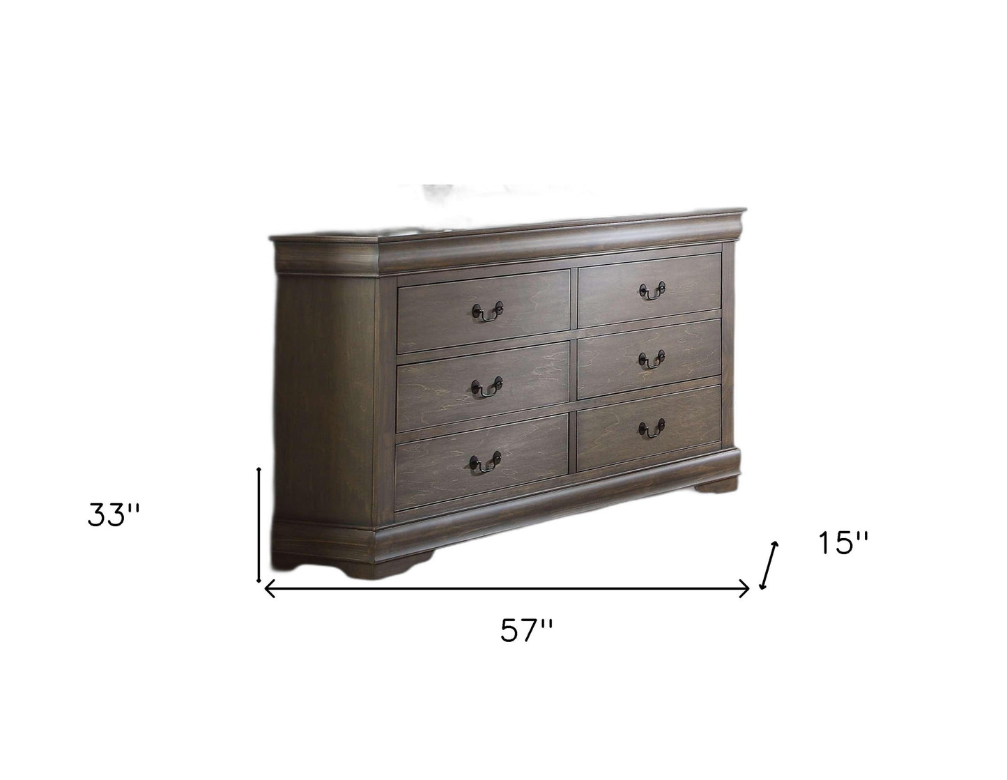 57" Gray Solid Wood Six Drawer Double Dresser