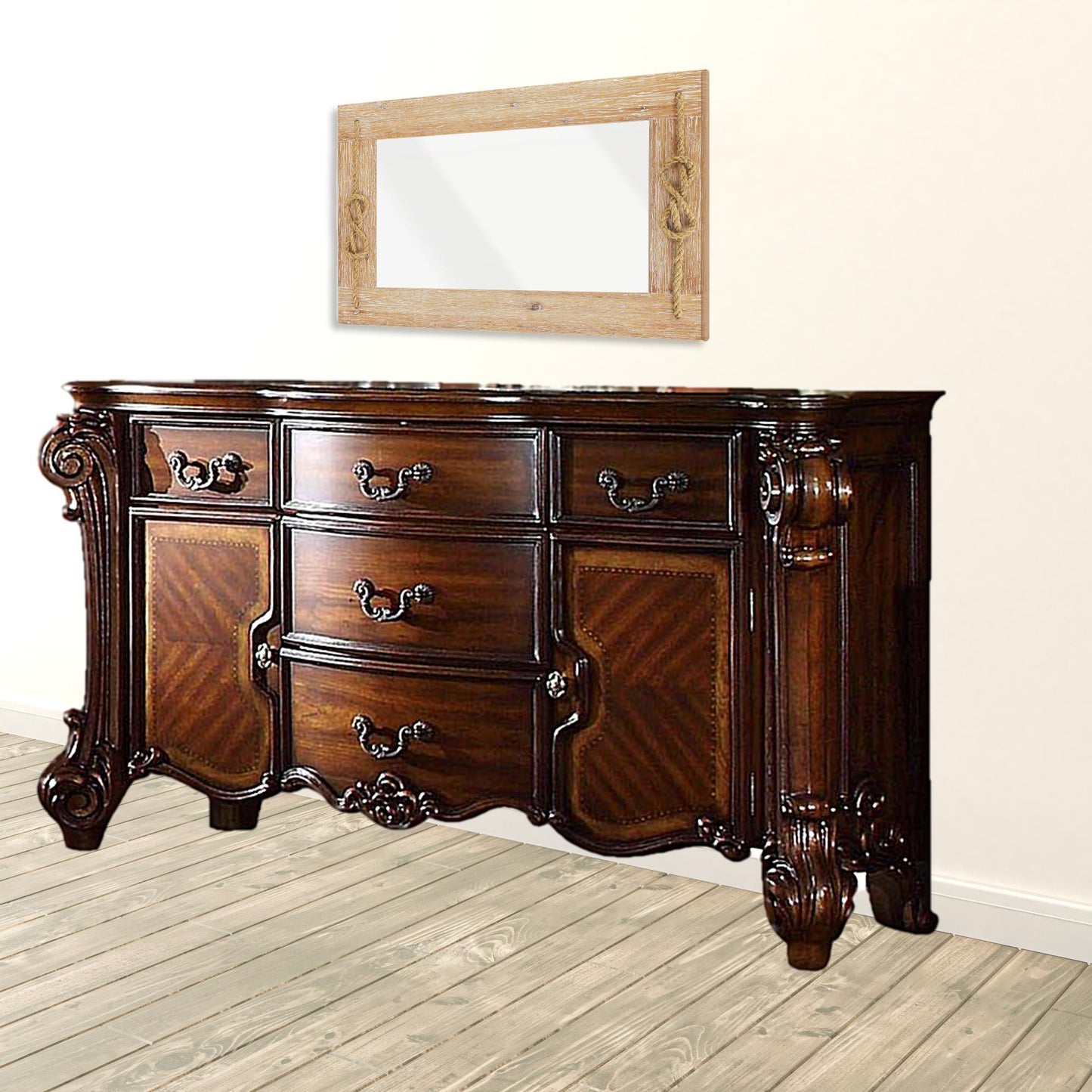 70" Cherry Oak Solid Wood Five Drawer Combo Dresser