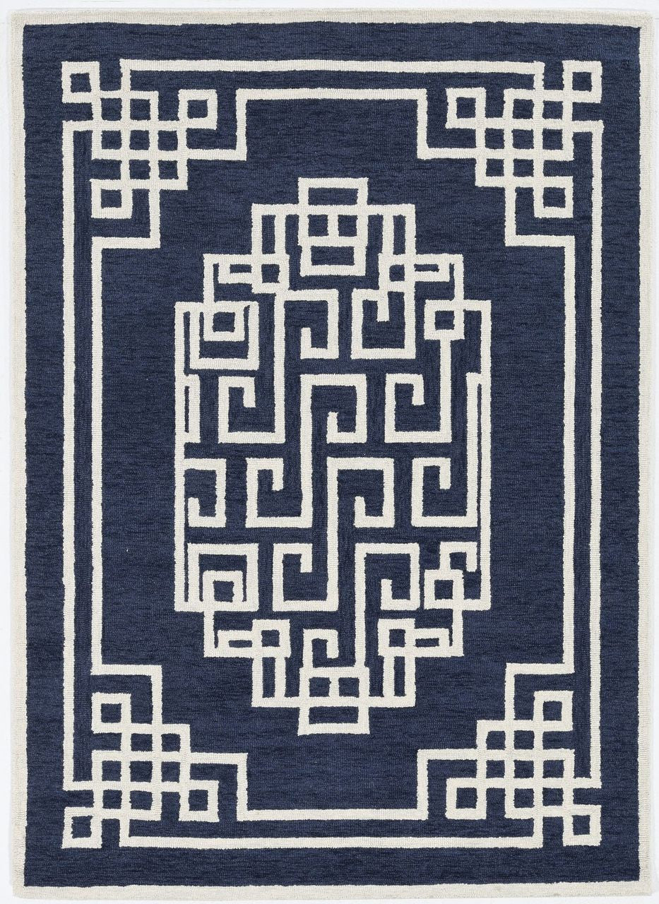5'X7' Navy Blue Ivory Hand Tufted Bordered Greek Key Indoor Area Rug